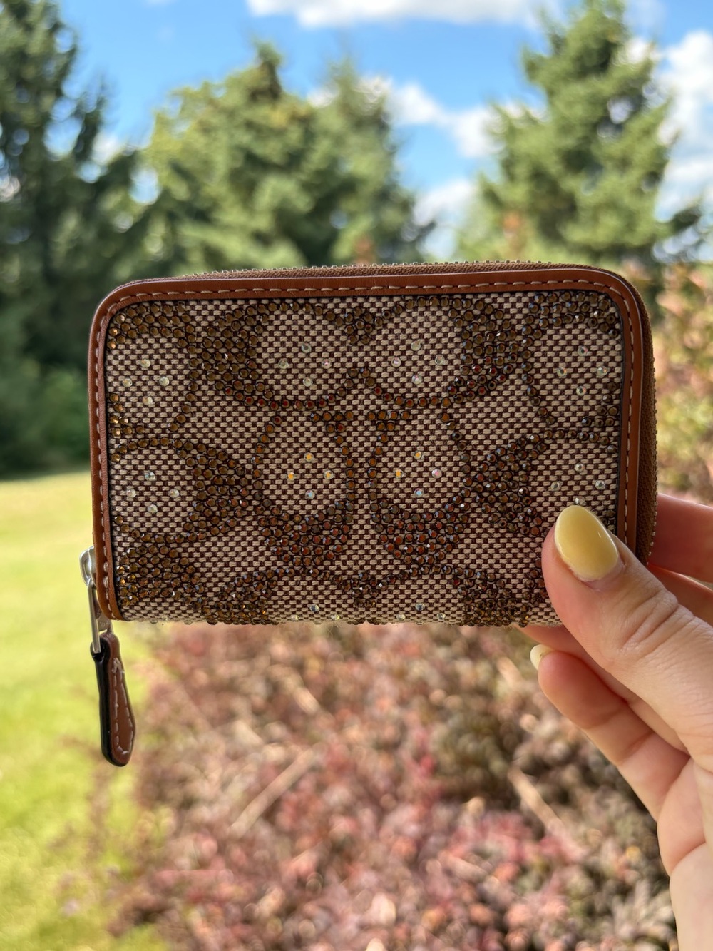 Coach essential small zip around card case crystal signature jacquard wallet